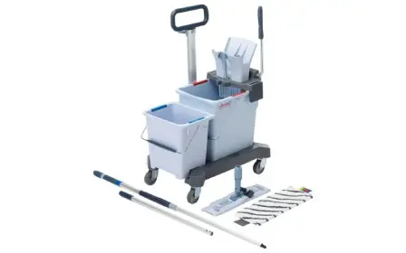 A cleaning cart with two buckets and a mop.