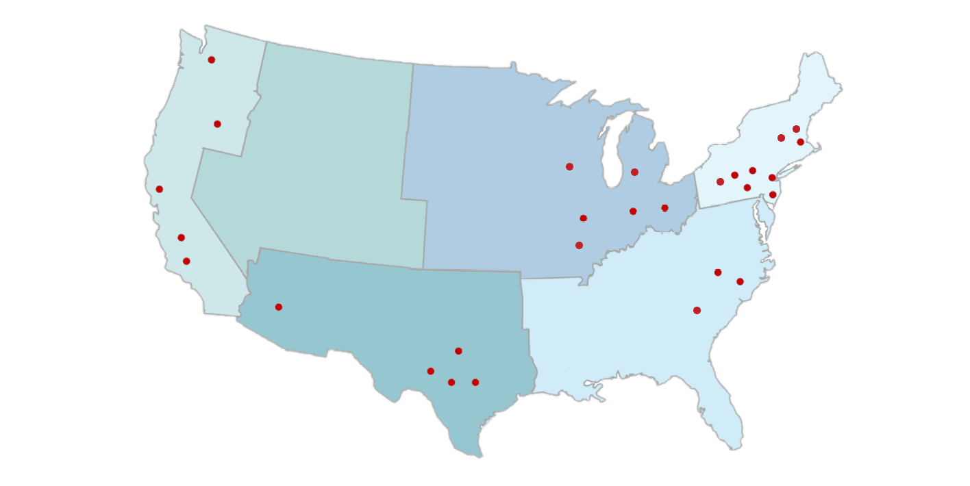 A map of the united states with red dots on it.