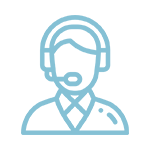 A blue and white icon of a person wearing headphones